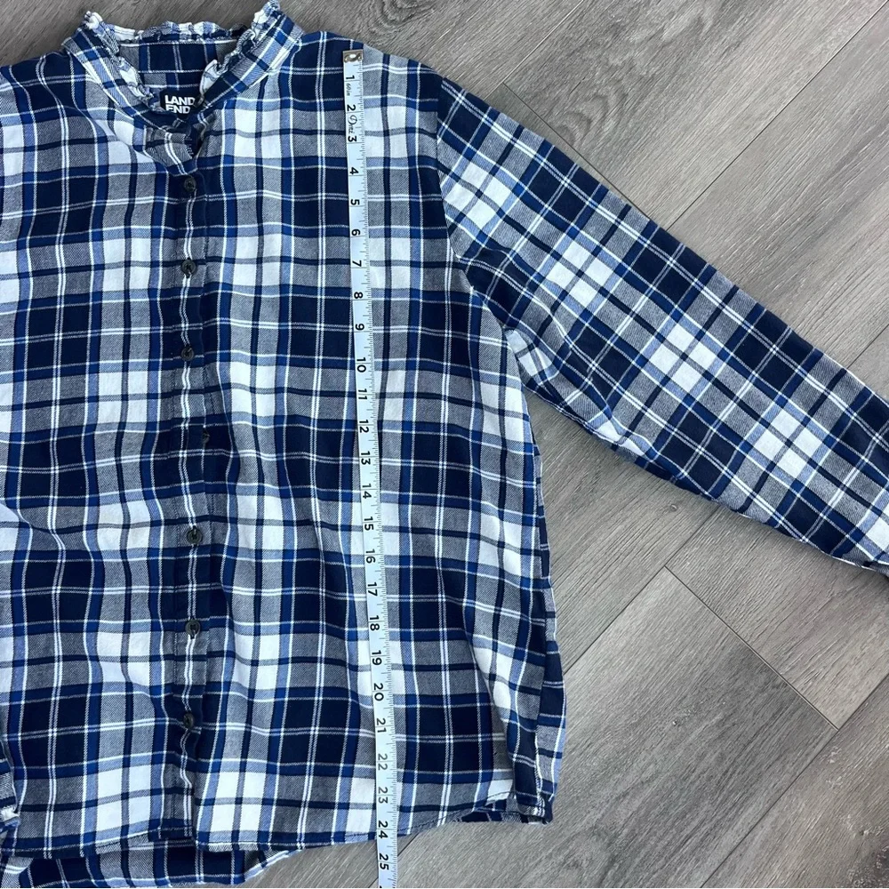 Lands End Plaid Flannel Shirt Womens Large 14-16 Blue White Collared Button Up - Picture 7 of 9